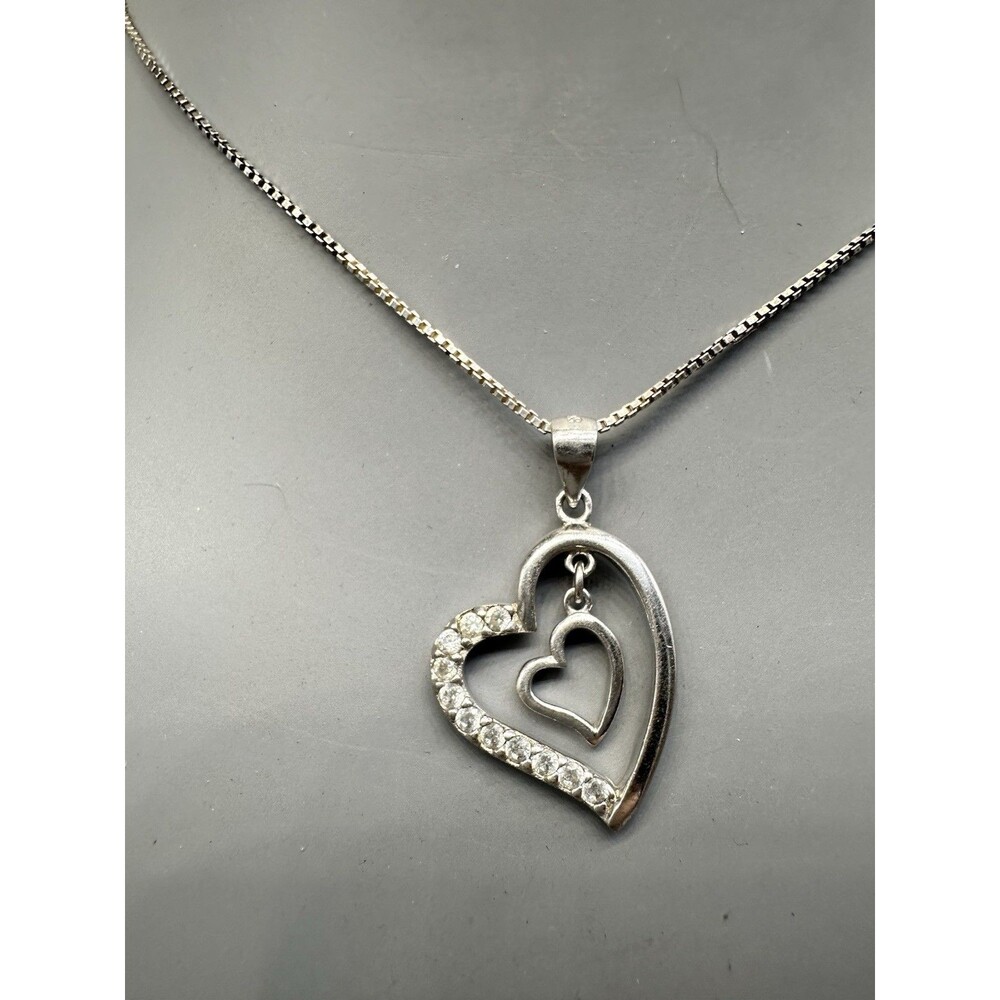 Double Heart 925 Sterling Silver Necklace Italy Dangle Charm Necklace